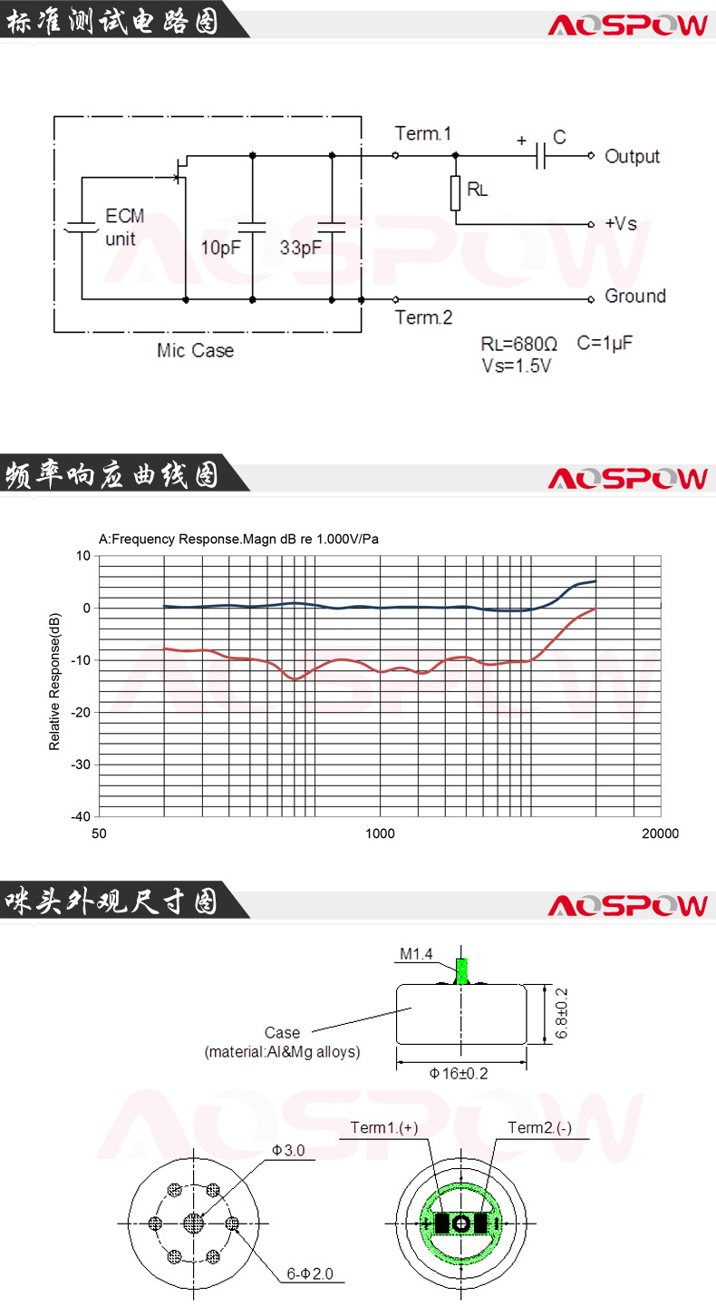 16mm大振膜咪頭規格書尺寸